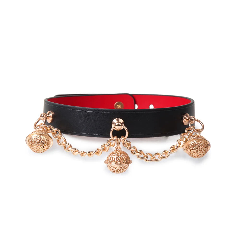 Chain bell leather BDSM collar full view with silver chains