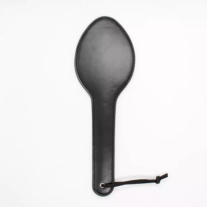 Front view of classic black leather spanking paddle