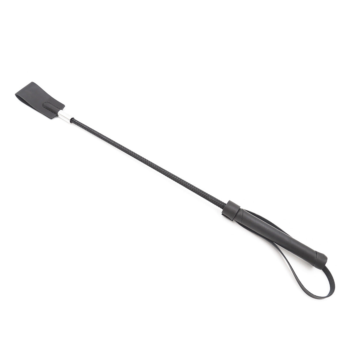 Classic black leather riding crop with square tip and wrist loop full view