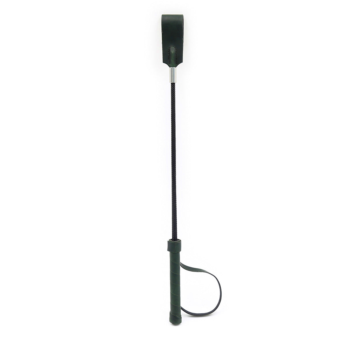 Classic dark green leather riding crop full view