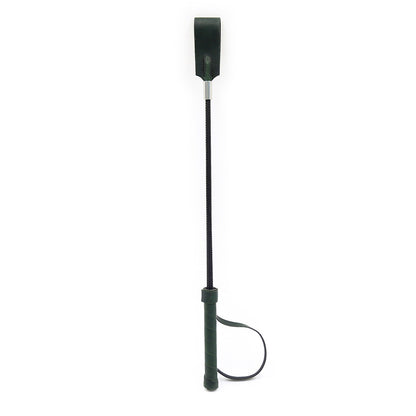 Classic dark green leather riding crop full view