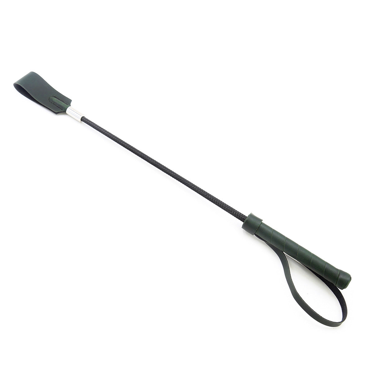Classic dark green leather riding crop on white background