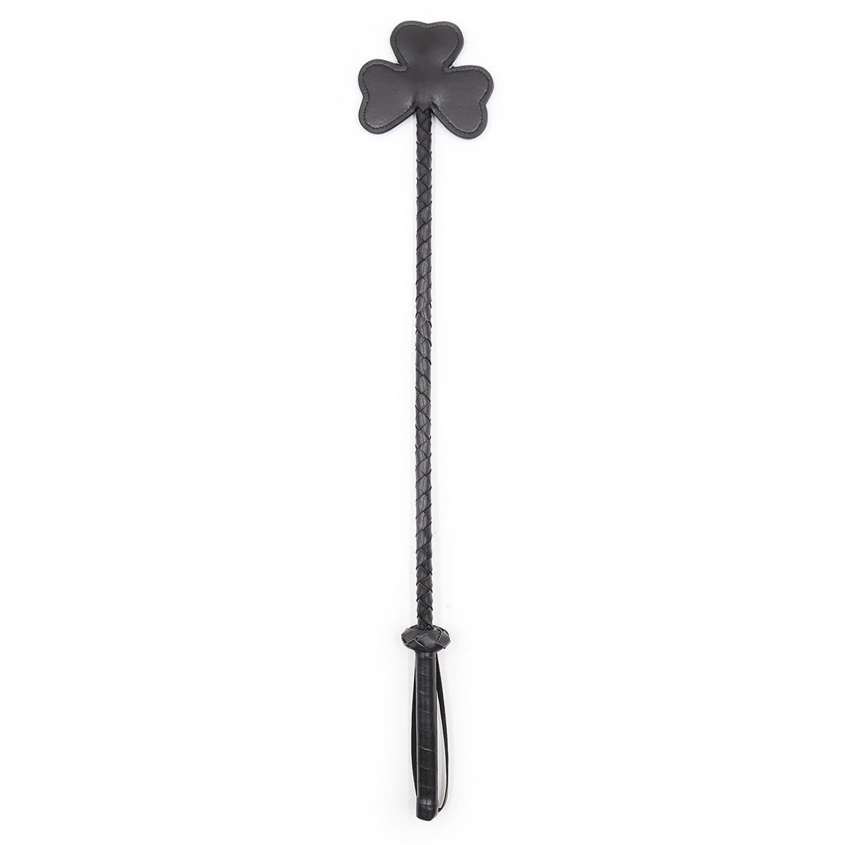 Black clover leather riding crop with braided shaft full view