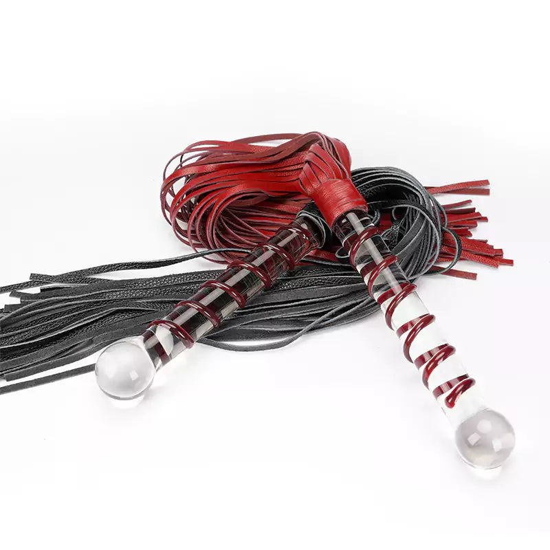 Black and red crystal grip leather BDSM floggers full view