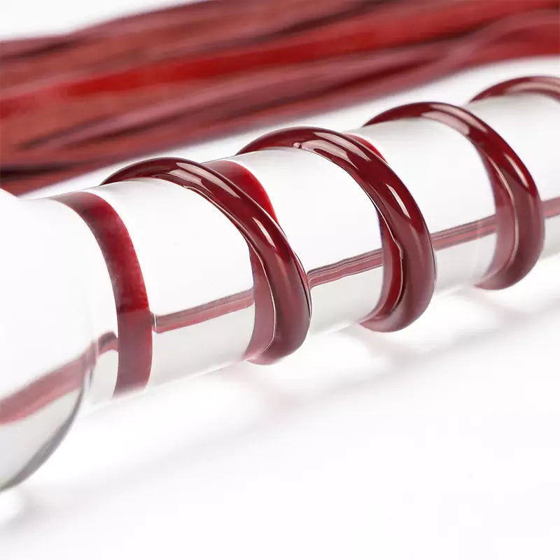 Red leather flogger hardened glass handle detail