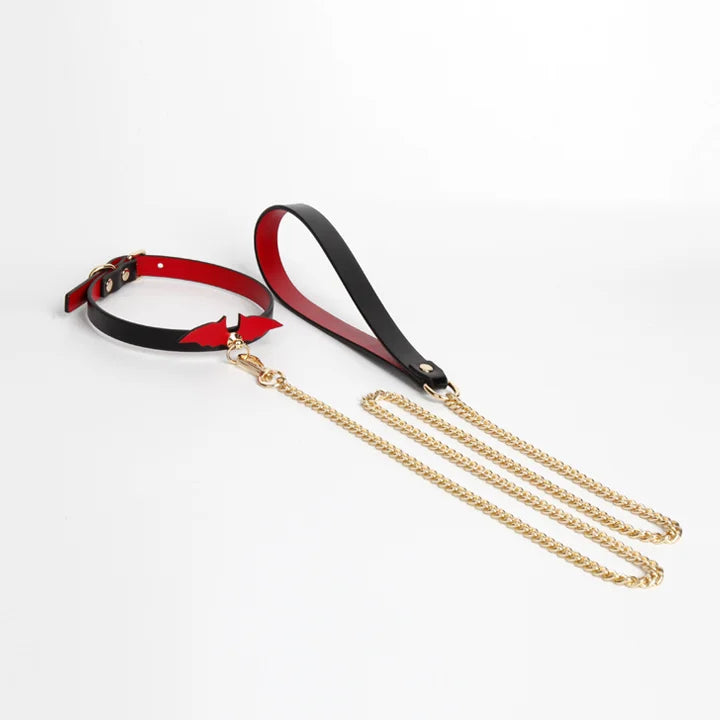 Devil Wing genuine leather roleplay collar with gold-tone leash full view
