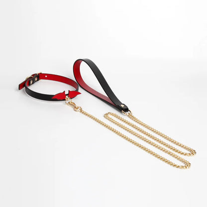 Devil Wing genuine leather roleplay collar with gold-tone leash full view