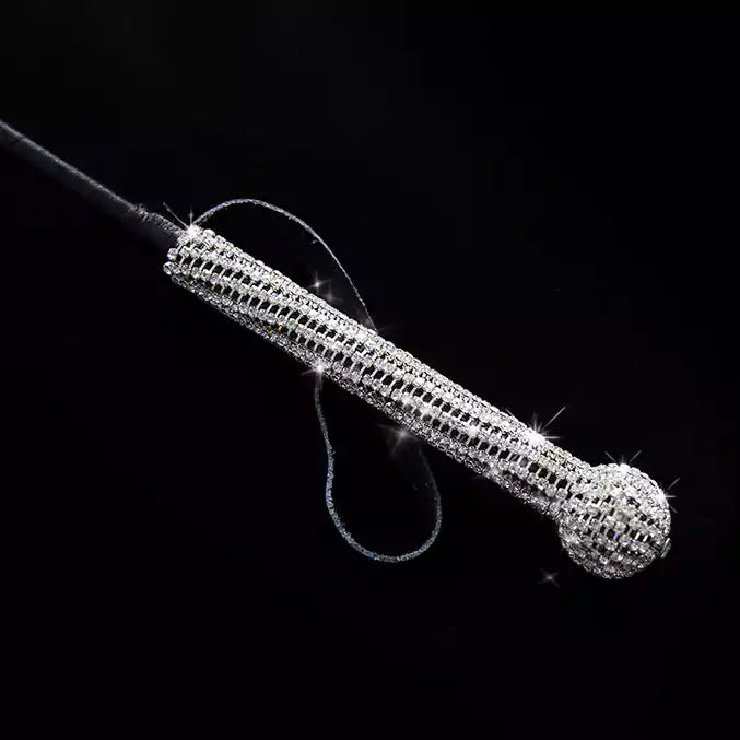 Close-up of crystal-inlaid diamond handle on leather riding crop