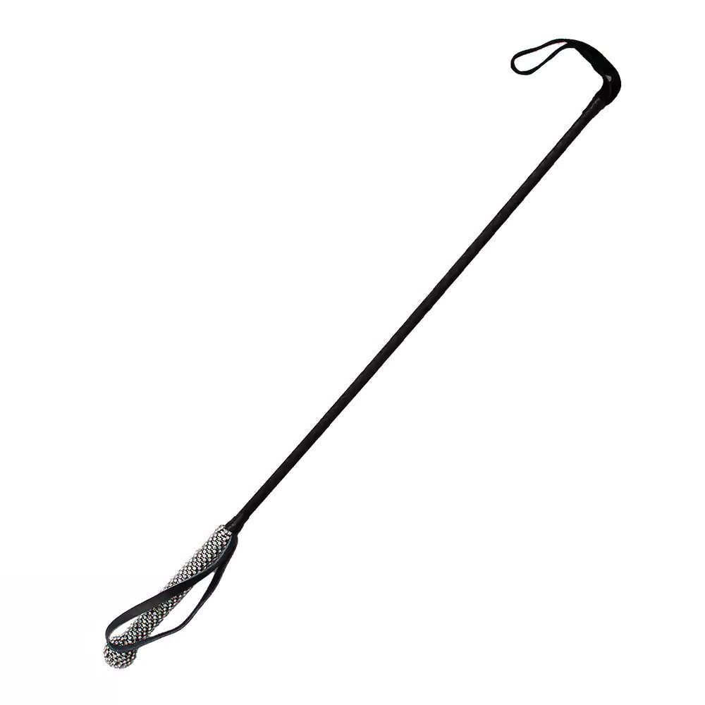 Diamond-handle leather riding crop full view showing crystal-inlaid grip