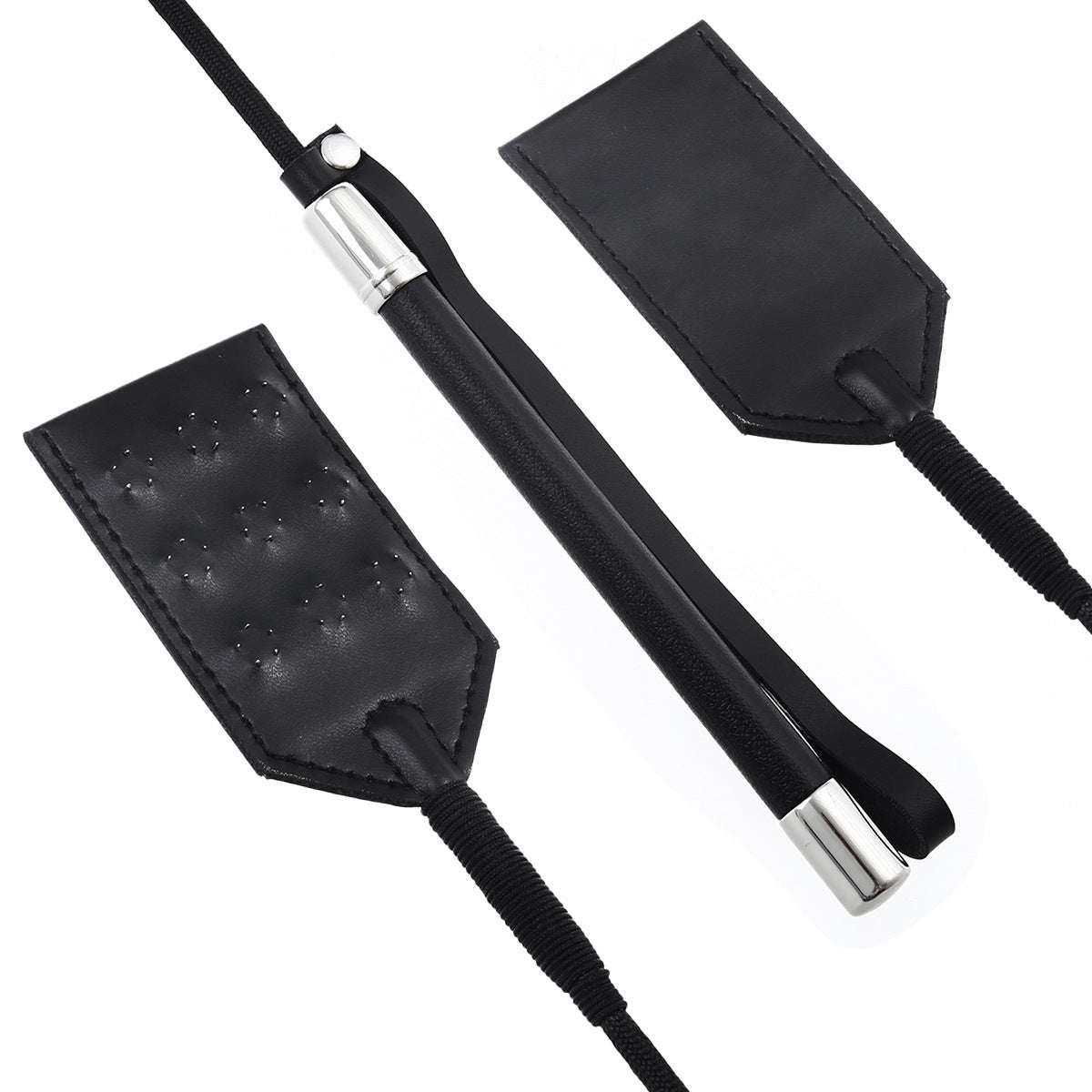 Detail of dual-surface tip and wrapped handle on riding crop