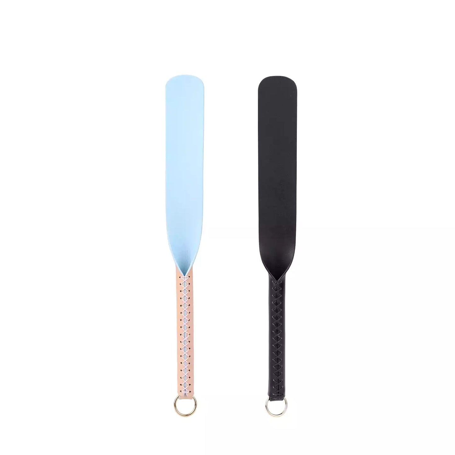 Black and pink silicone spanking paddles full view