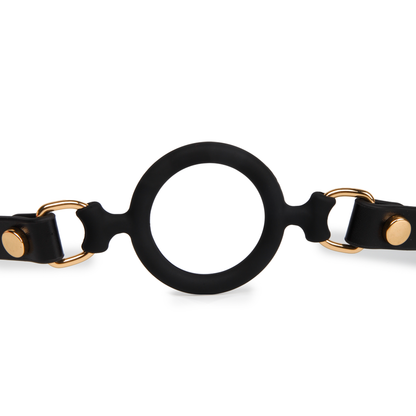 Close-up detail of the black Eye of Horus silicone ring gag and its distinctive design