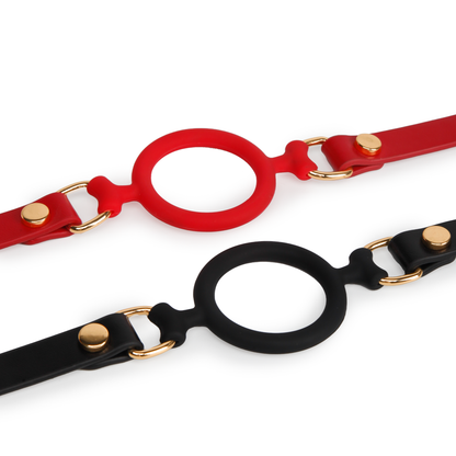 Black and red Eye of Horus silicone ring gags displayed together showing both color options
