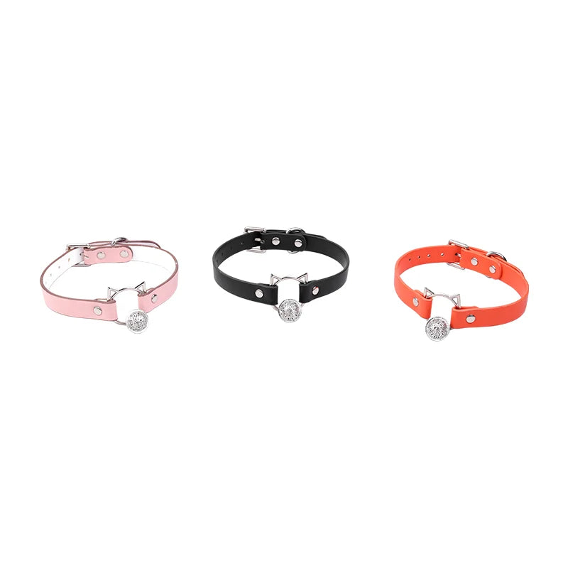 Orange pink and black Faux Leather Kitten Bell Roleplay Collars full view
