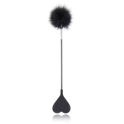 Front view of black feather silicone heart BDSM riding crop
