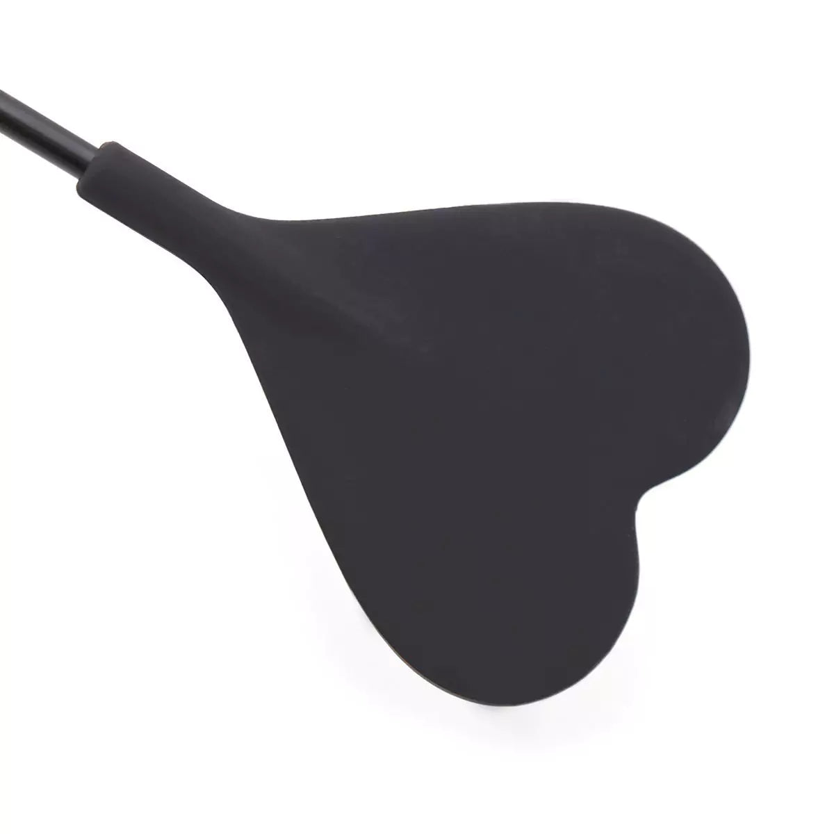 Close-up of silicone heart slapper head on black feather BDSM crop
