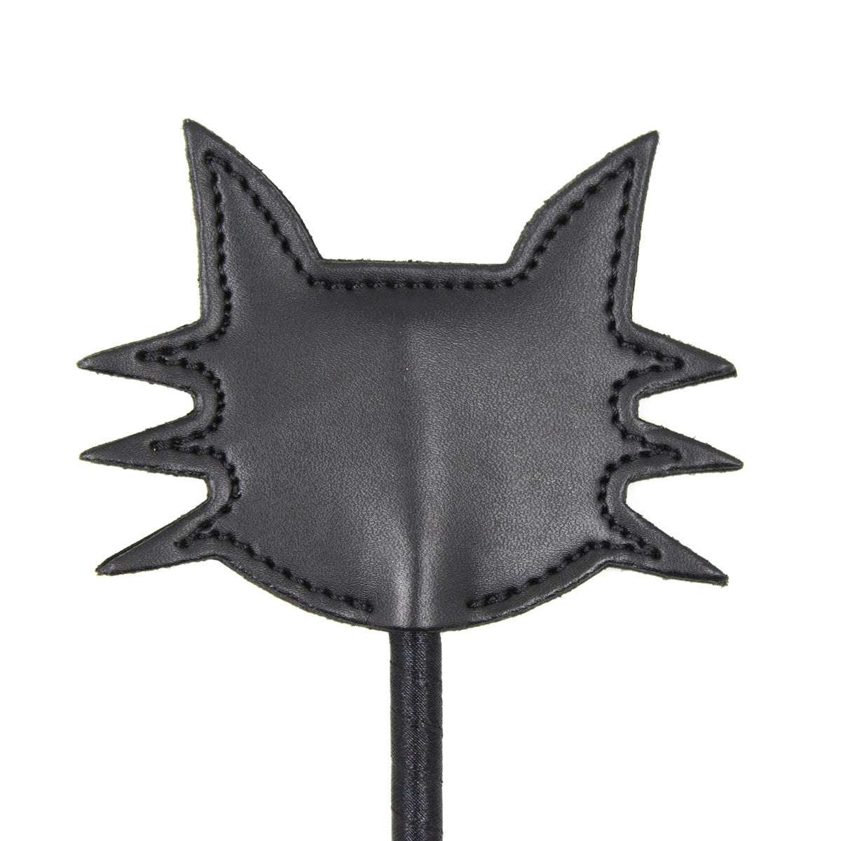 Front close-up of the black cat face paddle head on the feline silhouette riding crop