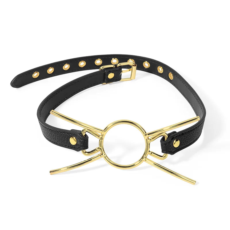 Four-rod stainless steel O-ring gag displayed in a styled BDSM accessory product setting