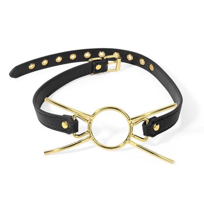Four-rod stainless steel O-ring gag displayed in a styled BDSM accessory product setting