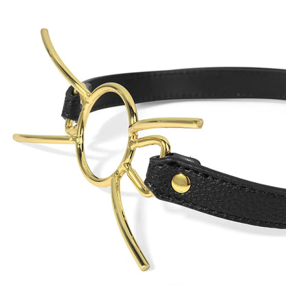 Close-up detail of the four stainless steel rods and O-ring mouthpiece on the BDSM gag