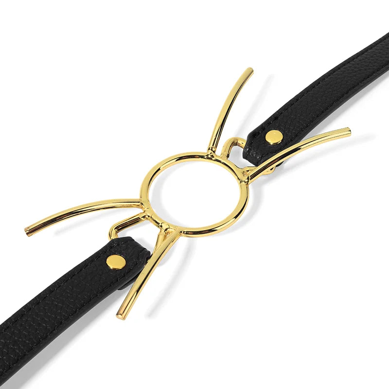 Side view of the four-rod stainless steel O-ring gag showing its metal mouthpiece structure