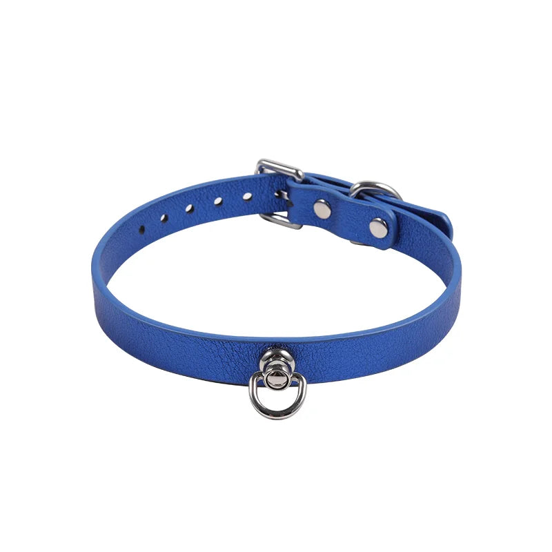 Glossy blue leather collar without leash full front view