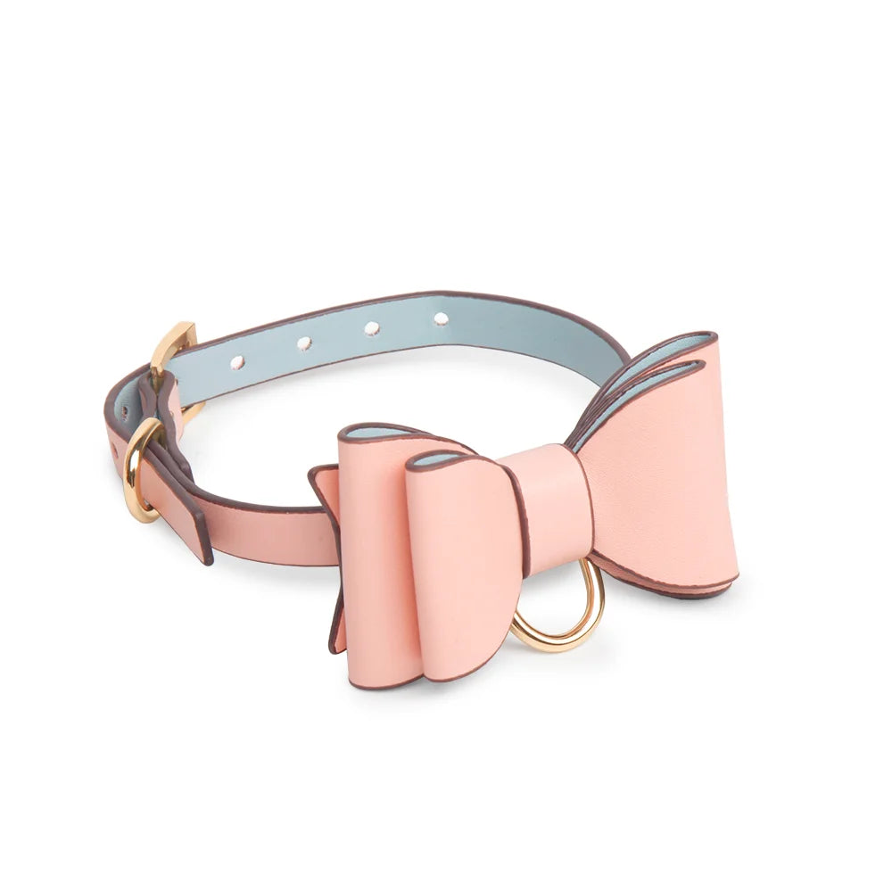 Glossy faux leather bow collar without leash front view