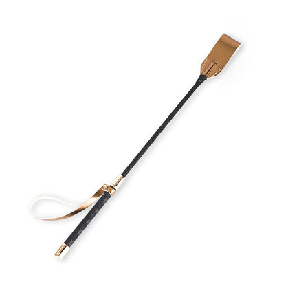 Gold metallic riding crop on white background showing full 20.5-inch length