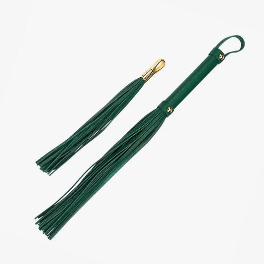 green two-piece leather BDSM flogger set with detachable mini flogger