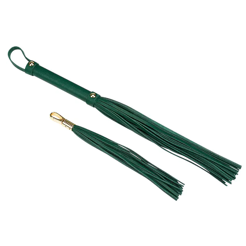 green two-piece leather BDSM flogger set with detachable mini flogger