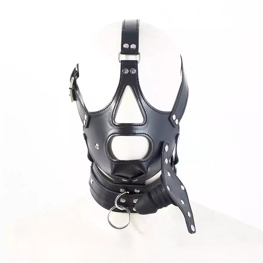 front view of hooded phallic ball gag with full faux leather enclosure