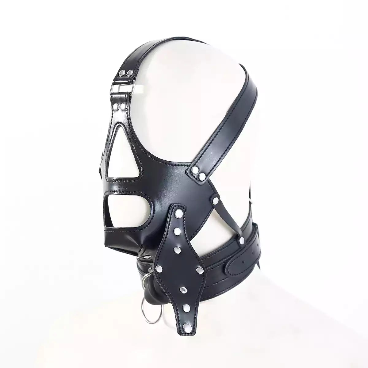 side profile of full-coverage restraint hood showing integrated silicone gag
