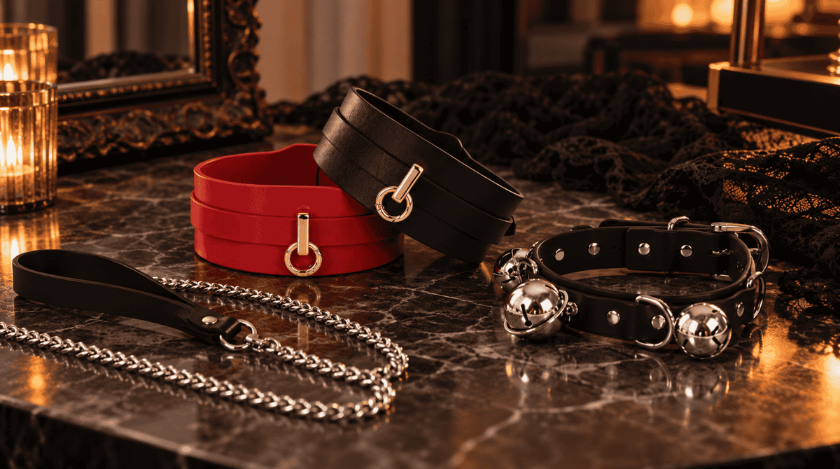 BDSM collars with different widths, hardware, attachment points and adjustable designs for choosing the right collar