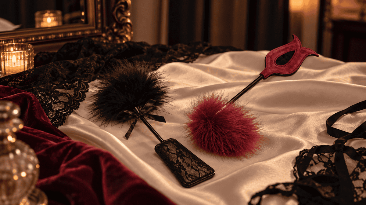 Feather ticklers with different feather sizes, fullness and handle designs for choosing the right feather tickler