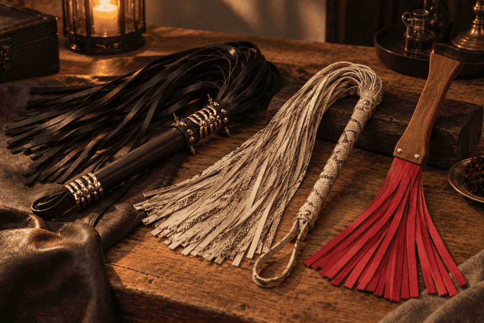 Leather floggers with different fall lengths, widths and handle designs for choosing the right flogger