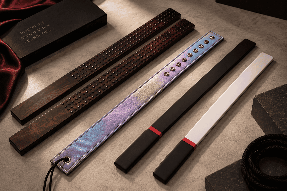 Ruler spanking paddles in different lengths, widths and constructions for choosing the right paddle