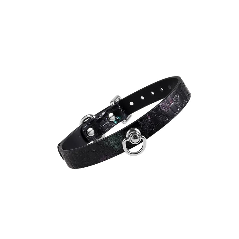 Iridescent black snakeskin leather BDSM collar full front view