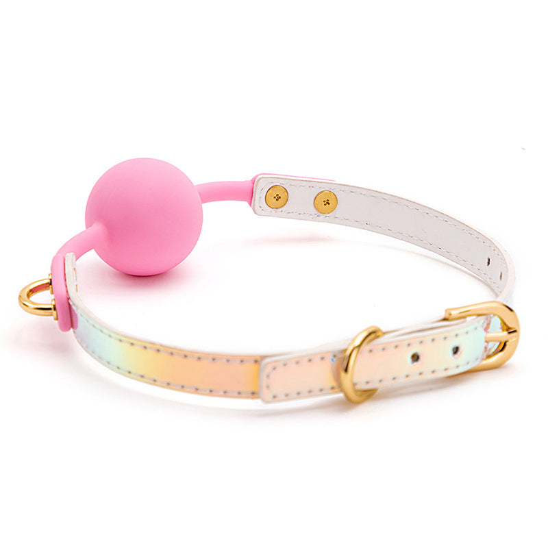 Rear view of the iridescent bondage ball gag showing its strap arrangement and overall structure