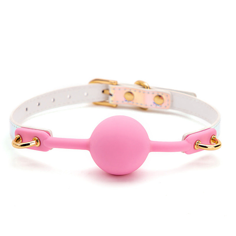 Iridescent bondage ball gag with rainbow strap and pink latex ball displayed on a clean white background