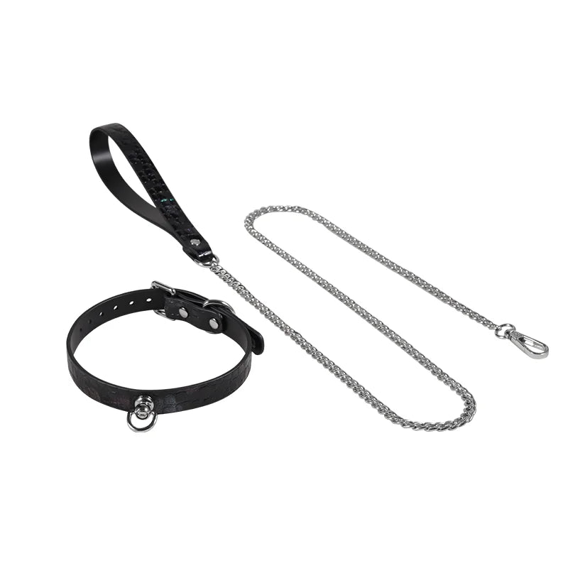Iridescent snakeskin leather collar with gunmetal chain leash full view