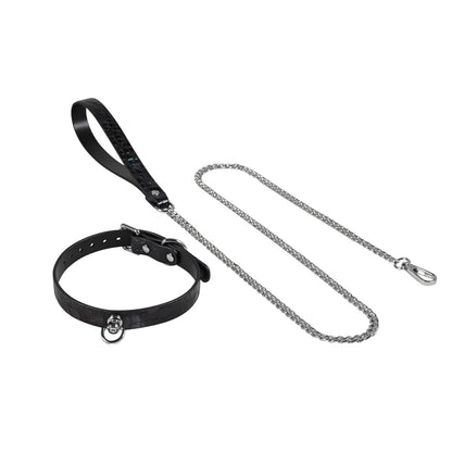 Iridescent snakeskin leather collar with gunmetal chain leash full view