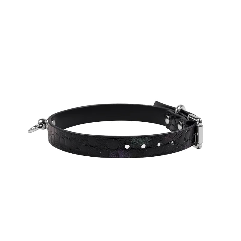 Side view of iridescent leather BDSM collar showing profile