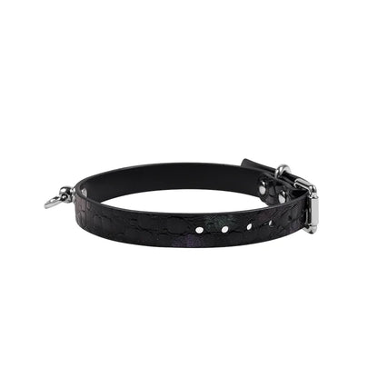 Side view of iridescent leather BDSM collar showing profile