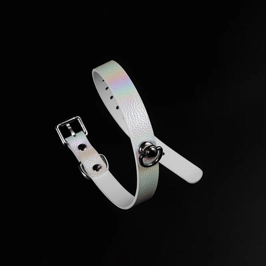 Iridescent silver leather BDSM collar full front view