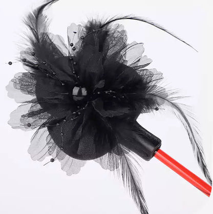 Close-up front view of floral lace mesh head with bead accents