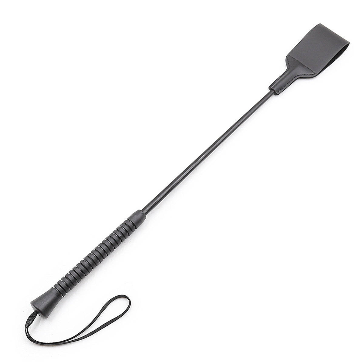 Back view of leather riding crop showing shaft alignment and handle grip