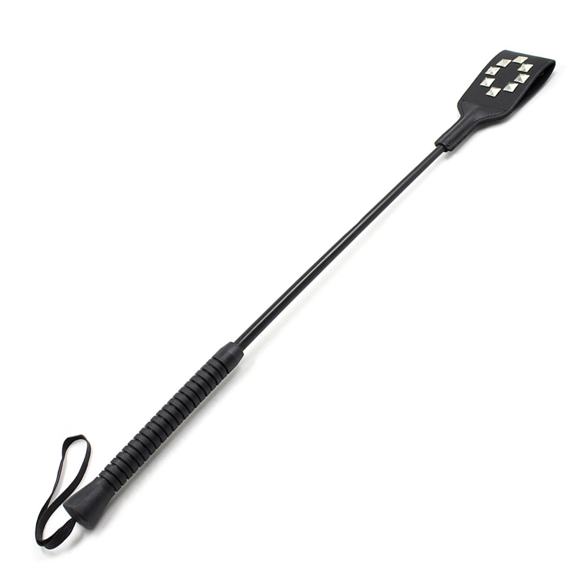 Letter O head leather riding crop full view with circular leather design