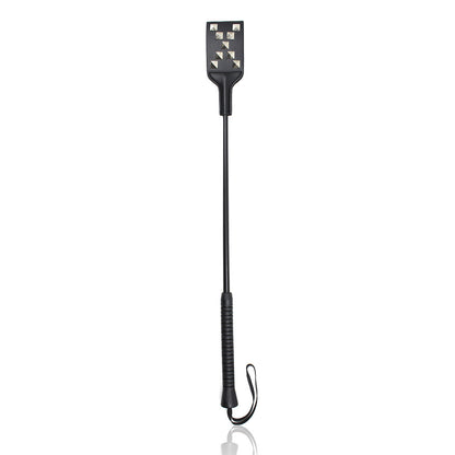 Letter X head leather riding crop full view with stitched X pattern
