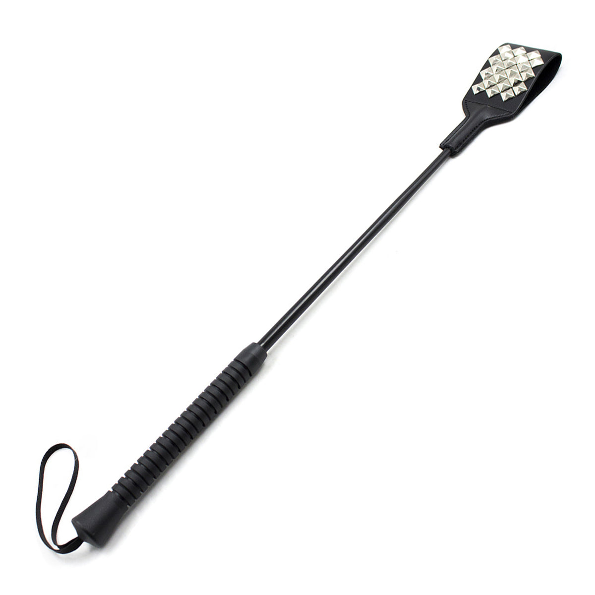 Studded head leather riding crop full view showing metal rivet design