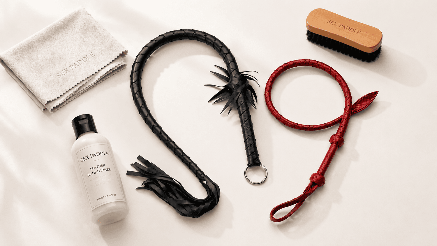 Leather whips care setup with conditioning, cleaning, and dry storage.